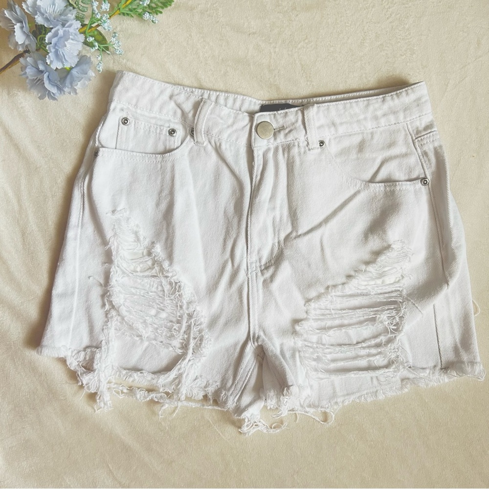 Pretty Little Thing Raw Hem Ripped White Denim Shorts